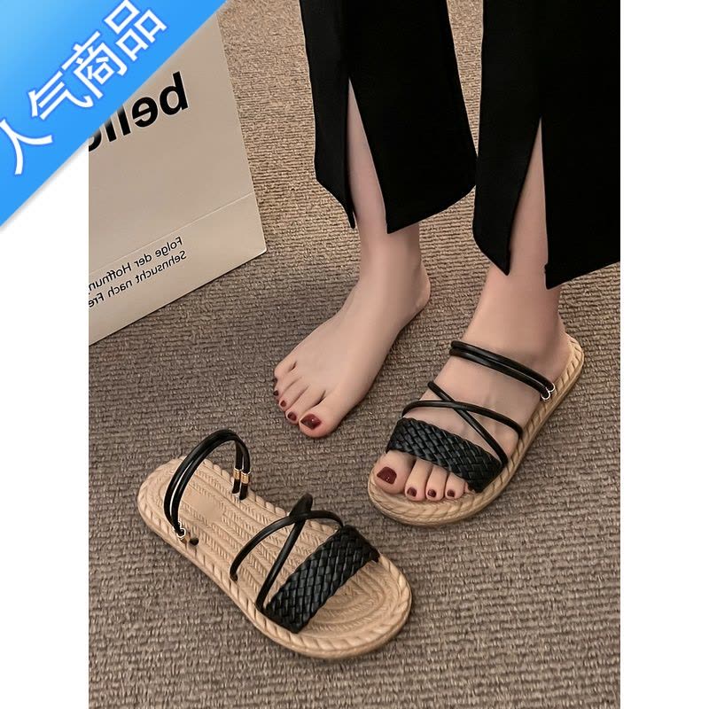 SUNTEK网红时尚拖鞋女外穿2023夏季新款百搭平底可湿水麻花编织罗马凉鞋图片