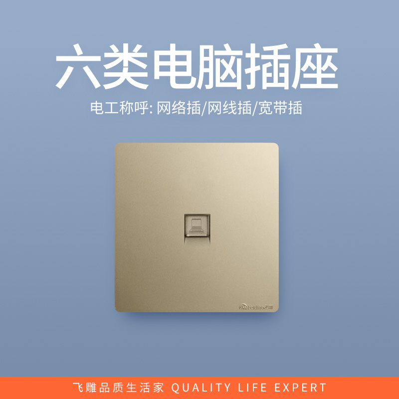 飞雕(FEIDIAO)开关插座面板 86型暗装电脑网线插座(六类)网络插座面板 A7流光金六类电脑插高清大图