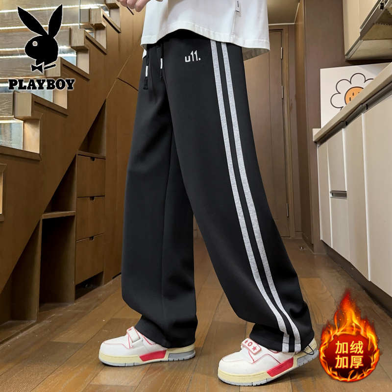 花花公子新款青少年学生裤男装直筒休闲加绒加厚奥粒绒卫裤高清大图
