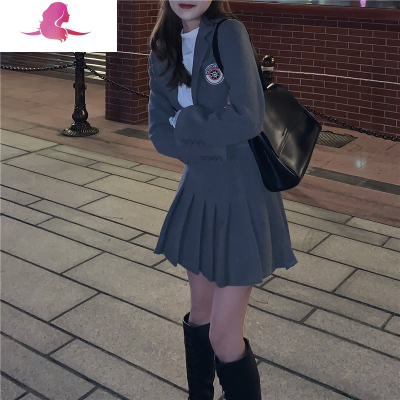 艳如飞学院风约会小个子显高套装女百褶半身裙+毛呢西装外套两件套洋气套装