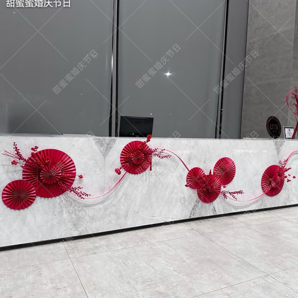新年元旦节日氛围布置墙面装饰公司前台酒店大堂店铺吧台背景墙-前台红金套餐A高清大图