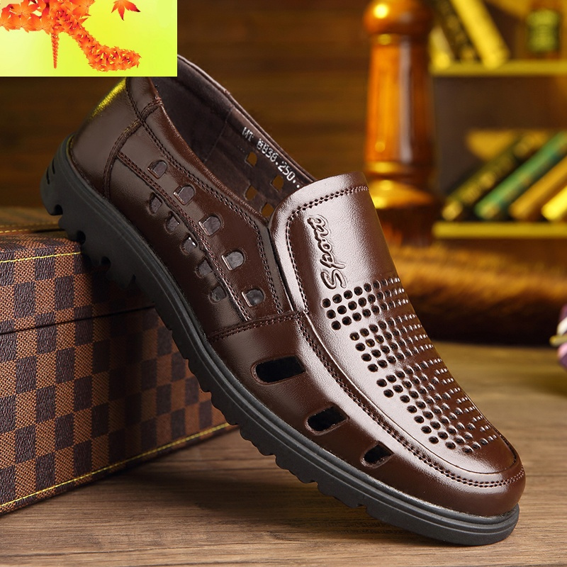 夏季透气镂空皮鞋男真皮凉鞋中年凉皮鞋休闲男鞋夏天中老年爸爸鞋简畅