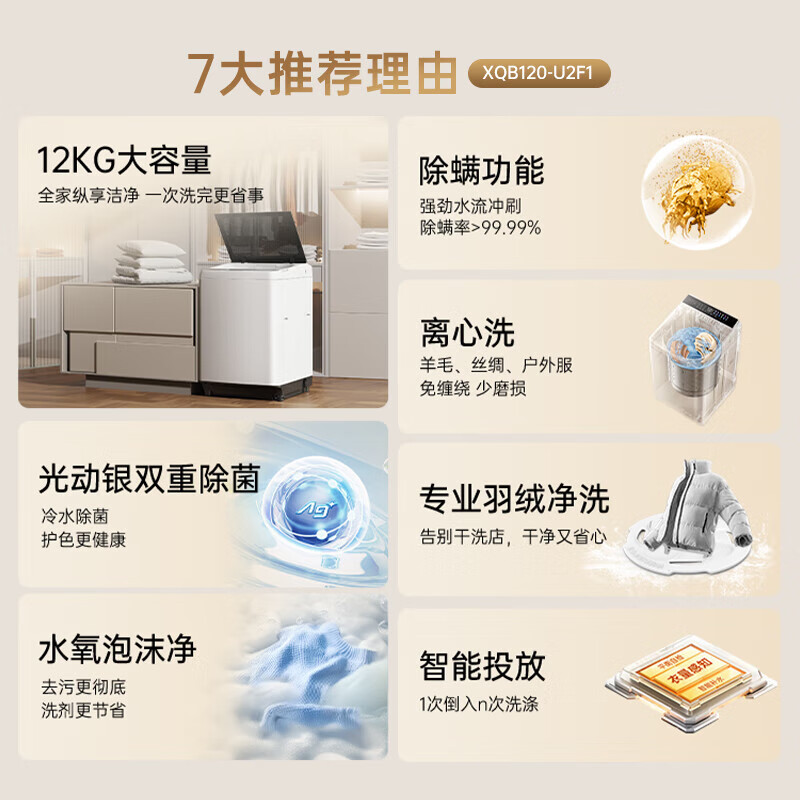 松下(Panasonic)[吴磊推荐]波轮洗衣机全自动12公斤大容量除菌除螨羽绒内衣洗彩屏不弯腰XQB120-U2F1高清大图