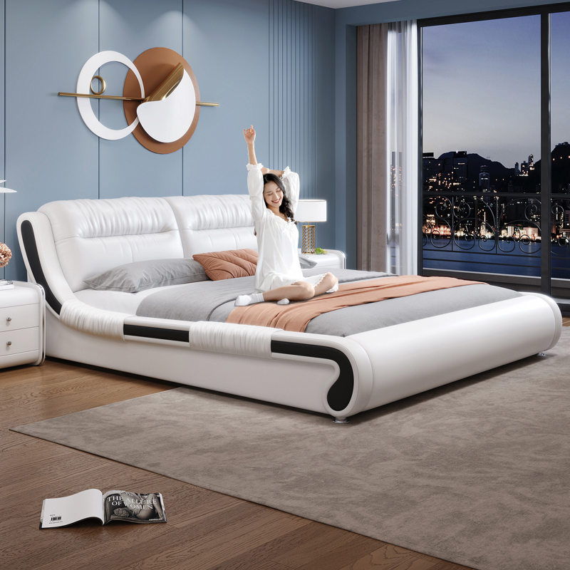 北欧真皮床轻奢现代简约双人床主卧室榻榻米实木储物床软包大婚床高清大图