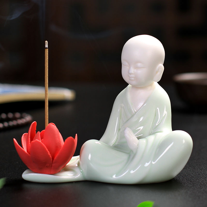 苏宁放心购陶瓷小和尚摆件莲花线香插茶道茶室室内熏香禅意家居装饰品