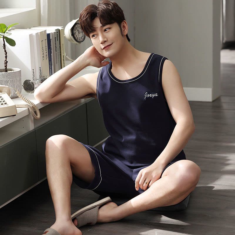 男士睡衣夏季短袖短裤棉质青少年简约男夏背心大码中年家居服套装 8828[上衣+裤子][特价款] 男士3XL码(适合175图片