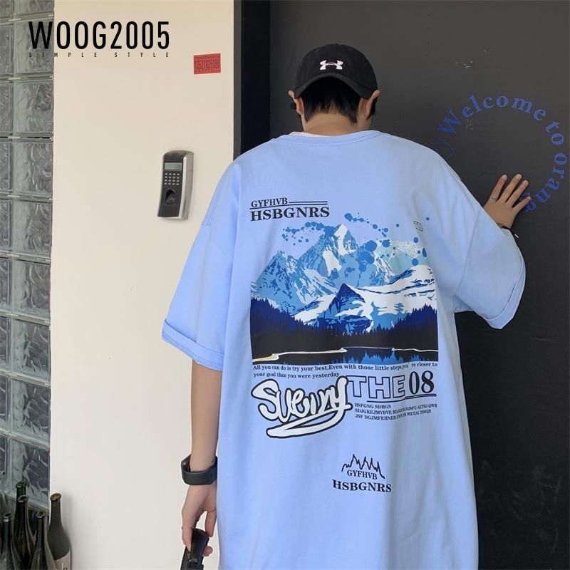 WOOG2005夏季薄款ins潮短袖T恤男宽松港风印花上衣五分袖体恤