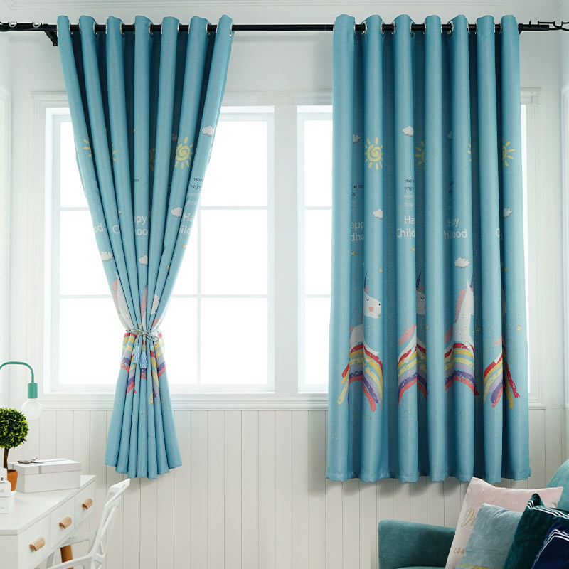 美帮汇2023流行 遮光成品窗帘布料儿童房女孩卧室飘窗短帘加厚保暖挡风 彩虹马95%遮光蓝色送窗帘绑绳 宽4.0高2.0米（打孔帘一片）