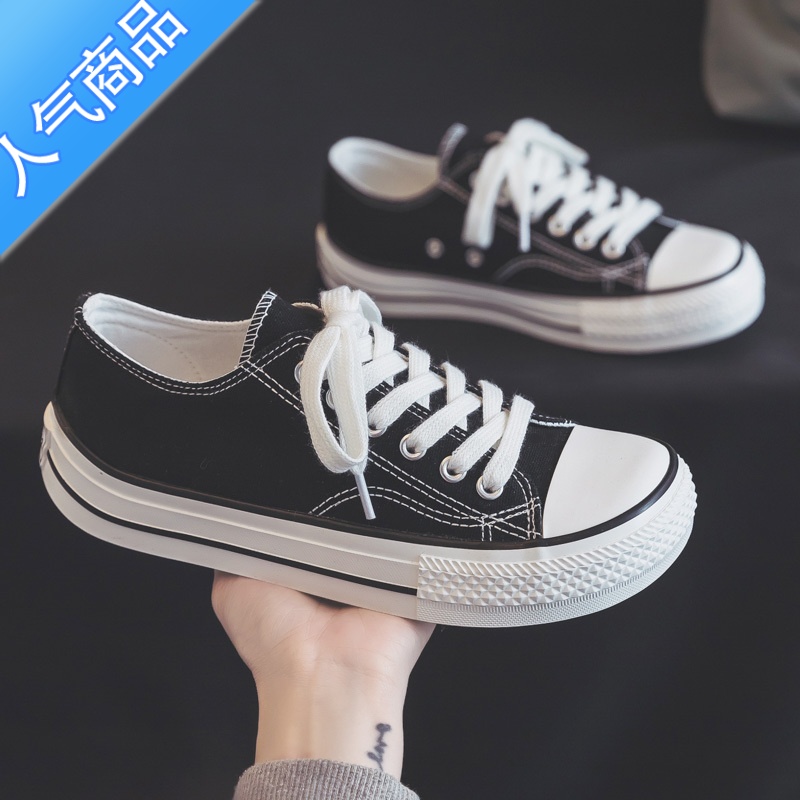 SUNTEK夏季薄款方头宽头帆布鞋女2023新款夏款百搭小众板鞋布鞋小黑鞋子高清大图