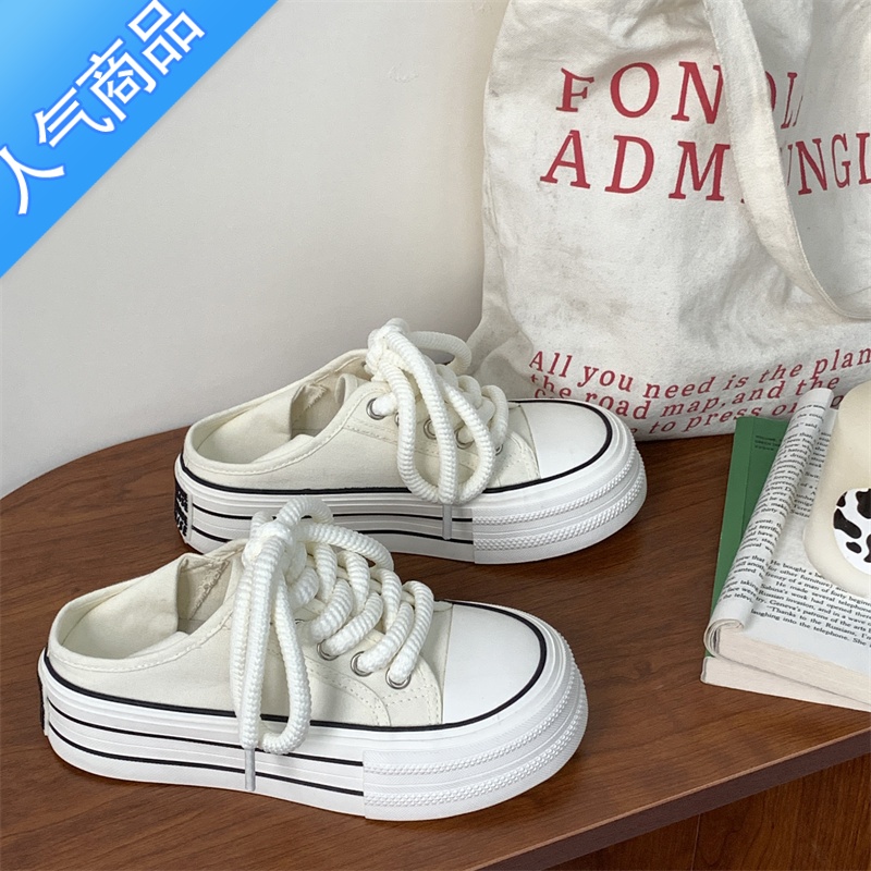 SUNTEK奶白两穿半拖帆布鞋女2023新款夏季小白鞋女百搭小众一脚蹬懒人鞋高清大图