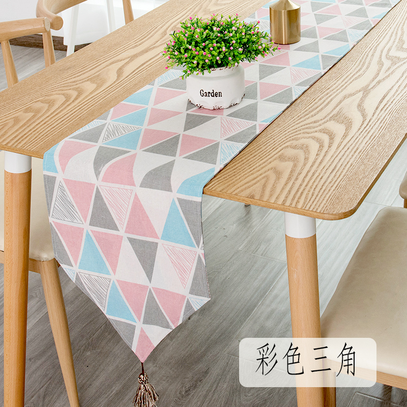 北欧桌旗现代简约茶几桌旗布长条餐桌茶台布艺鞋柜布盖巾床旗尾巾 彩色三角 30*100cm(适合60cm左右小桌和柜子)