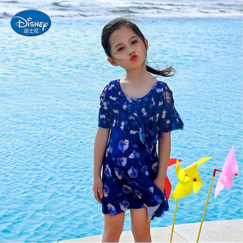 迪士尼儿童泳衣女童泳装连体公主裙式冰雪奇缘裙装冰雪长袖蓝色10码