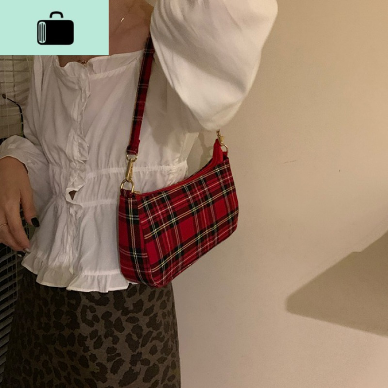 红格子包包女2020夏季新款洋气百搭法棍腋下小包单肩手提包ins潮NEW LAKE 红色格子女士单肩包