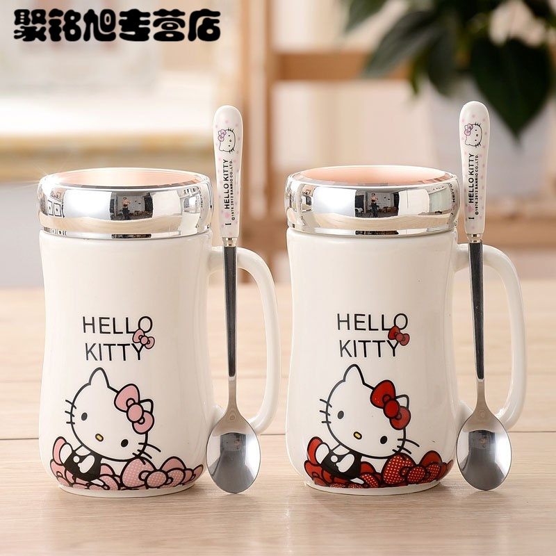 450ML时尚创意生活日用水具水杯卡通可爱创意马克杯陶瓷杯子带盖带勺大容量办公情侣水杯杯子家家庭杯子