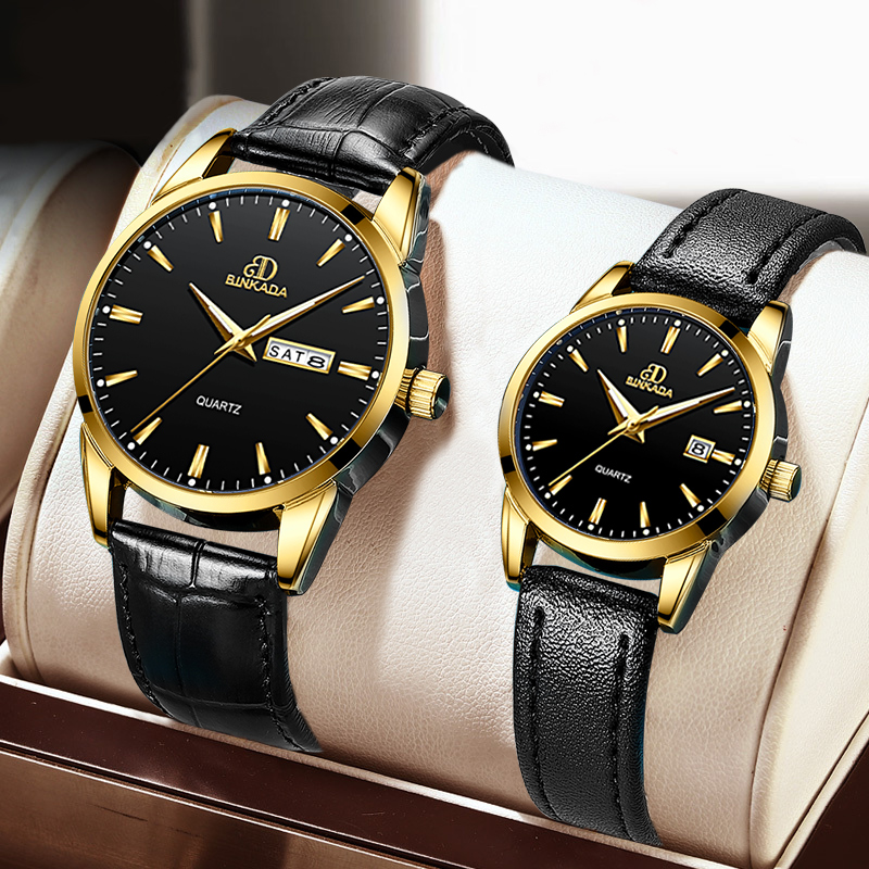 宾卡达binkada手表男表女表情侣石英表防水夜光双日历皮带情侣对表