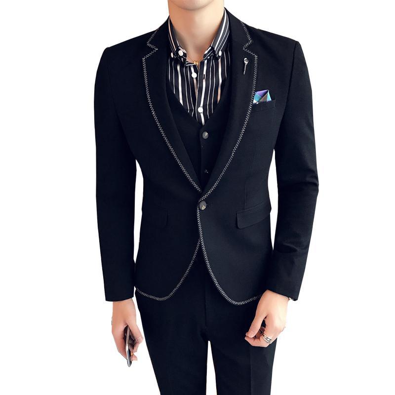 西服套装男士三件套商务正装职业西装修身伴郎新郎结婚礼服黑色春