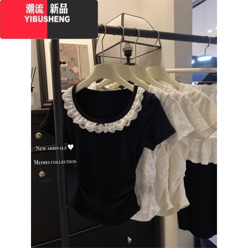 YIBUSHENG纯欲蕾丝花边蝴蝶结短袖T恤女季2024新款辣妹褶皱修身短款上衣