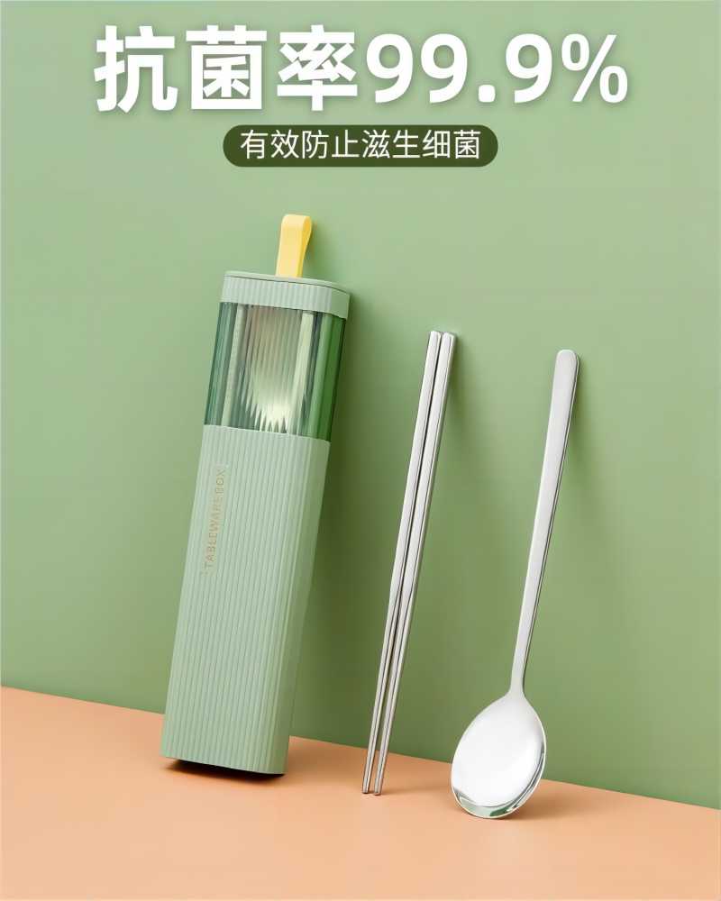 双枪筷子勺子套装便携筷餐具学生抗菌不锈钢筷勺子套装餐具收纳盒高清大图
