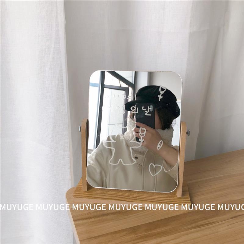 ins北欧韩风木质旋转化妆镜可调节便携台式桌面梳妆镜送笔|小号+白色笔