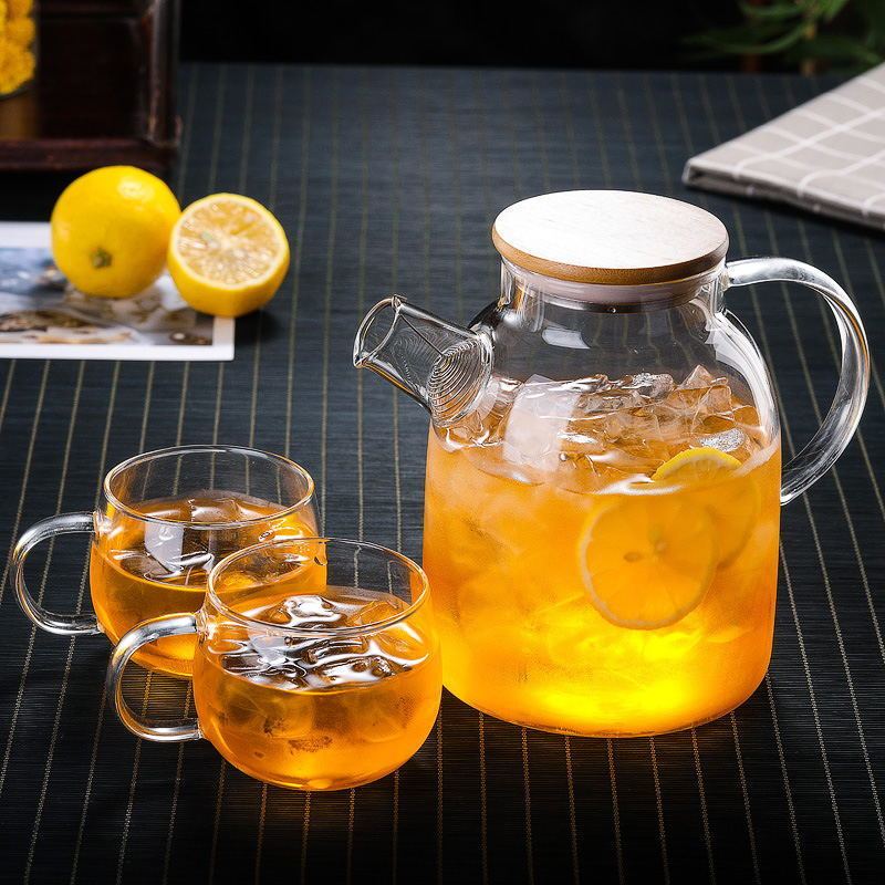 1.0L流水壶[包钢竹盖] [选配-不带壶]2个圆趣杯 高硼硅耐热玻璃冷水壶大容量凉水壶家用茶壶果汁杯水杯竹盖煮茶壶