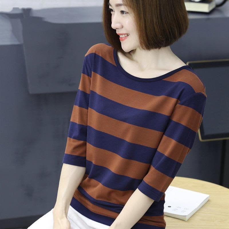 仅亏一天明天恢复39]大码女装2019春季长袖条纹t恤女宽松打底衫图片