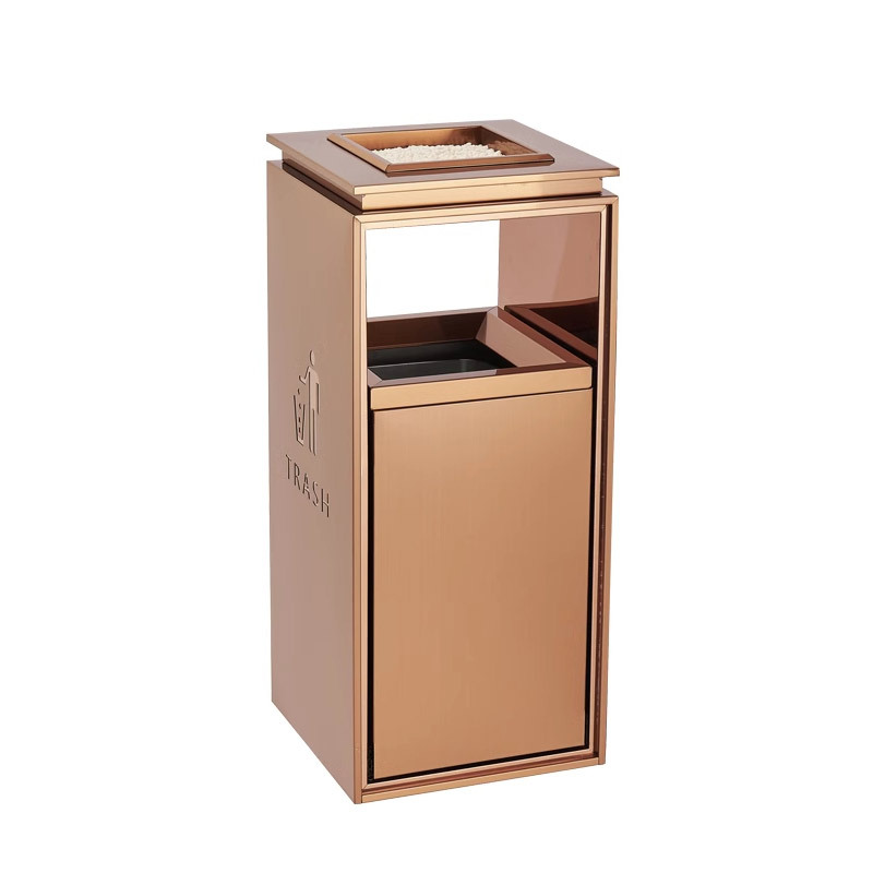 域赢 酒店垃圾桶 不锈钢电梯口大堂立式 无指纹小号玫瑰金+烟灰缸高清大图