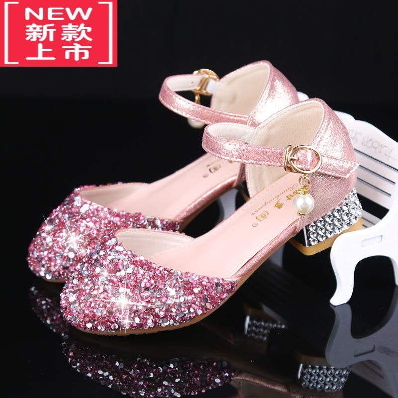可莉允女童皮鞋儿童水晶公主鞋银色女孩走秀钢琴晚礼服高跟鞋舞台演出鞋运动休闲鞋图片
