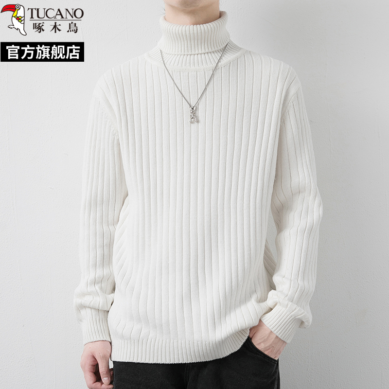 啄木鸟2024秋纯棉高领毛衣男士纯色休闲冬季新款打底针织衫线衣棉高清大图