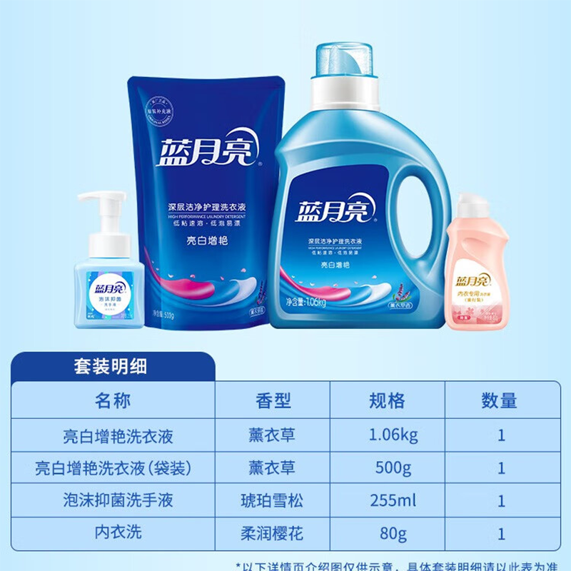 蓝月亮 薰衣草 亮白增艳洗衣液1.06kg+500g薰亮白袋装+255ml泡沫抑菌洗手液-琥珀雪松+80g内衣洗高清大图