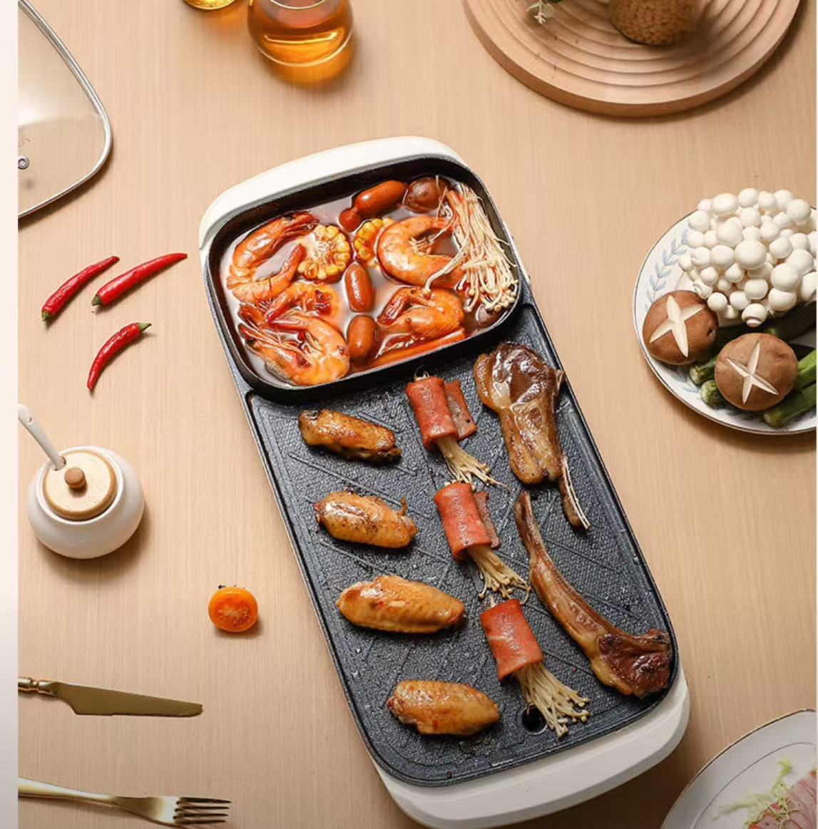 康佳(KONKA)电炒锅家用多功能电锅煎烤涮一体电热电煮锅用烤涮锅KSKG-1393-M高清大图