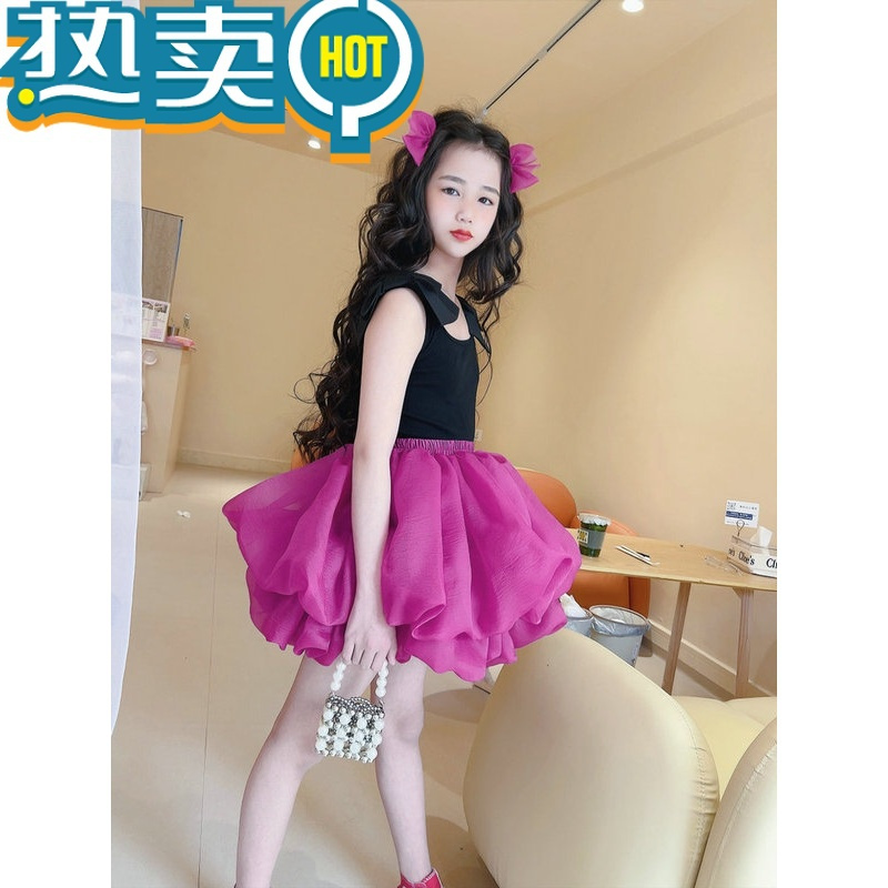 绿彩虹光女童套装裙夏季2023新款韩版洋气童装女孩蝴蝶结弹力背心蓬蓬短裙