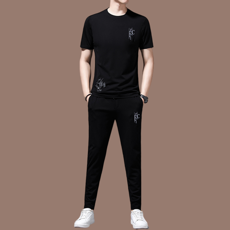 恒源祥桑蚕丝男士休闲运动服套装男短袖帅气搭配潮流冰丝男装夏装 529款黑色 170/L适合体重120-135斤