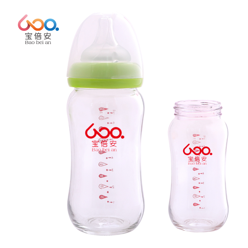 宝倍安(Bao bei an)宽口径 耐热玻璃防胀气奶瓶 绿色200ml 十字奶嘴 建议3个月+宝宝使用 赠备用瓶体