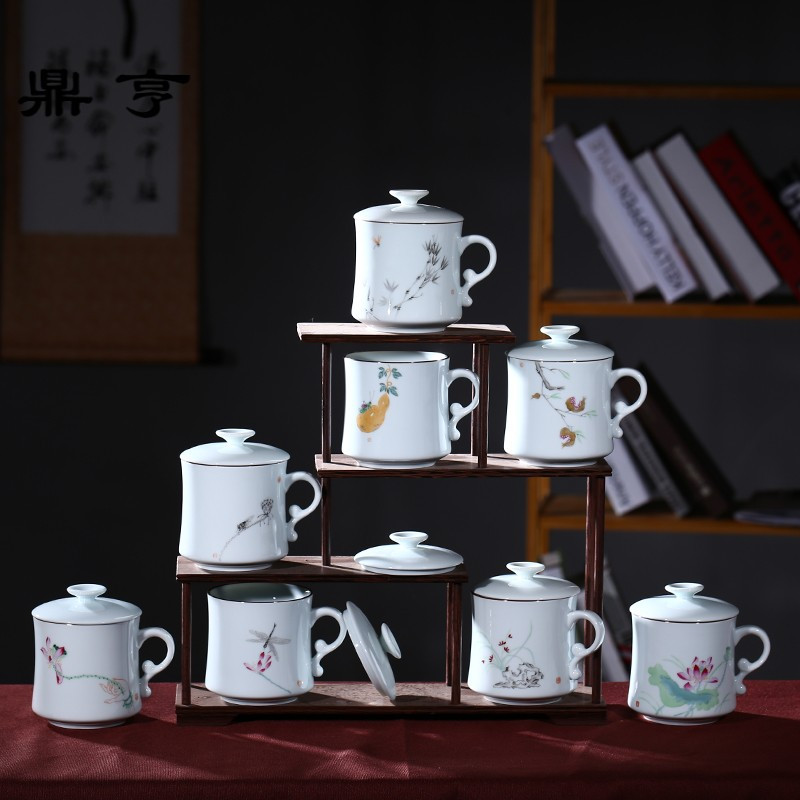 鼎亨景德镇陶瓷杯子带盖茶杯办公室马克杯杯七夕情侣泡茶杯手绘