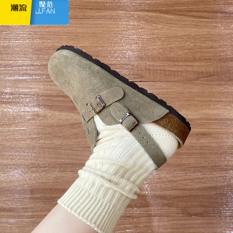聚范版！两穿粉色勃肯鞋超火包头半拖鞋女夏外穿2023新款厚底凉超 卡其色高定版现货 37