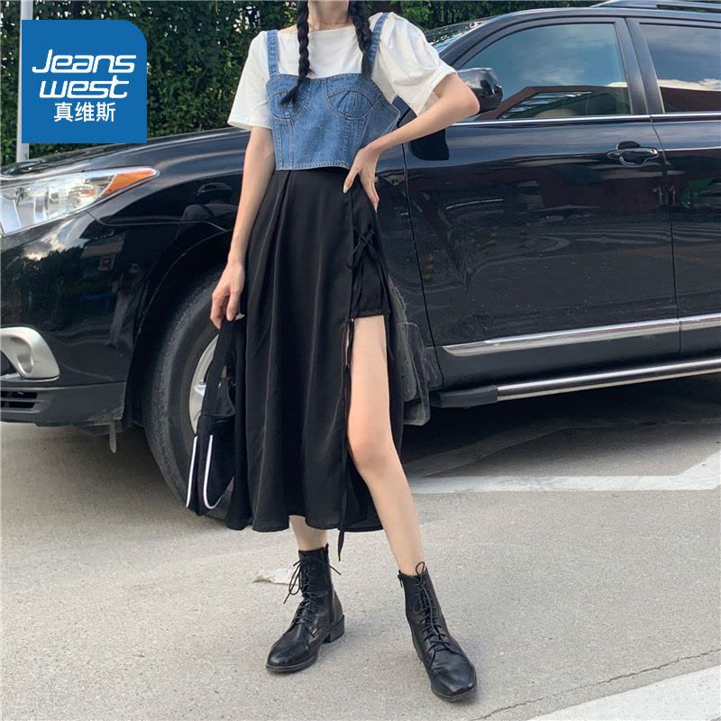 真维斯夏季侧开叉半身裙女洋气超仙遮肚a字裙休闲韩版中长款裙子图片