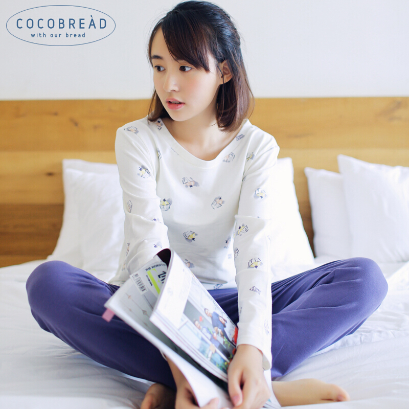 秋款睡衣女士长袖纯棉春秋天韩版宽松夏秋冬棉质可外穿家居服套蓝心(睡衣)