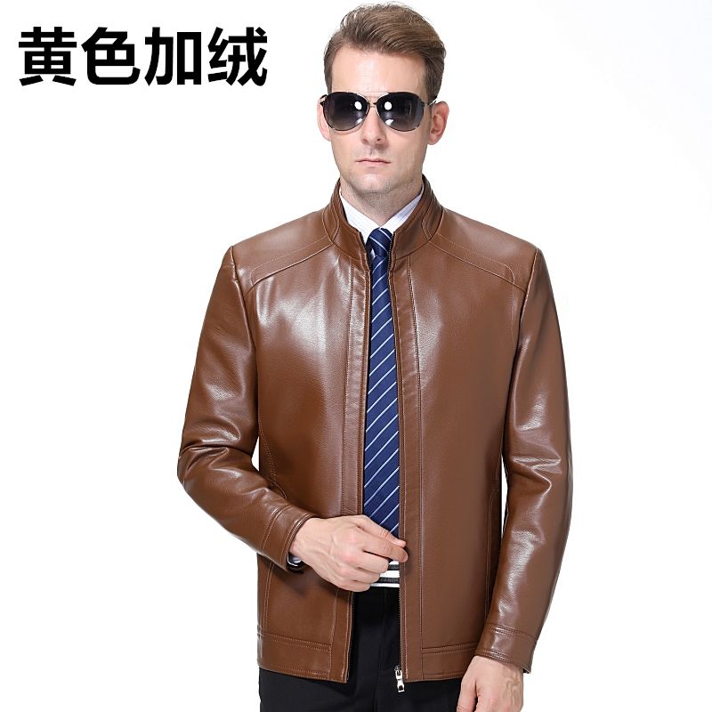 正品男装皮衣男士立领短款真皮机车夹克海宁绵羊皮韩版修身机车皮衣男官方旗舰店特卖正品 1655黄色立领加绒 185/96A