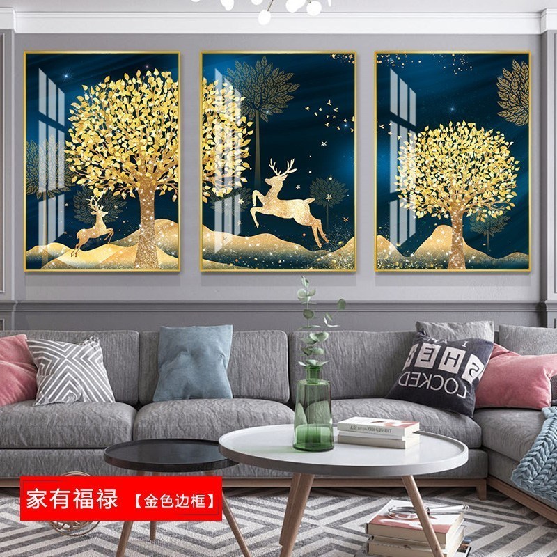 客厅装饰画沙发背景墙挂画北欧壁画三联组合轻奢麋鹿晶瓷餐厅墙画 家有福禄（金色边框） 70*90cm三联套装（建议_795