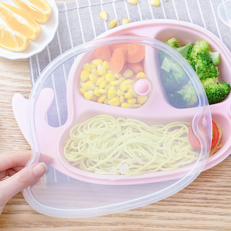子初儿童餐盘辅食碗一体式餐盘防摔宝宝分格餐具盒卡通餐盘 粉色