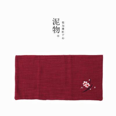 酒红-刺绣腊梅 茶巾吸水高档功夫茶布加厚棉麻养壶桌布长条日式高档刺绣抹布