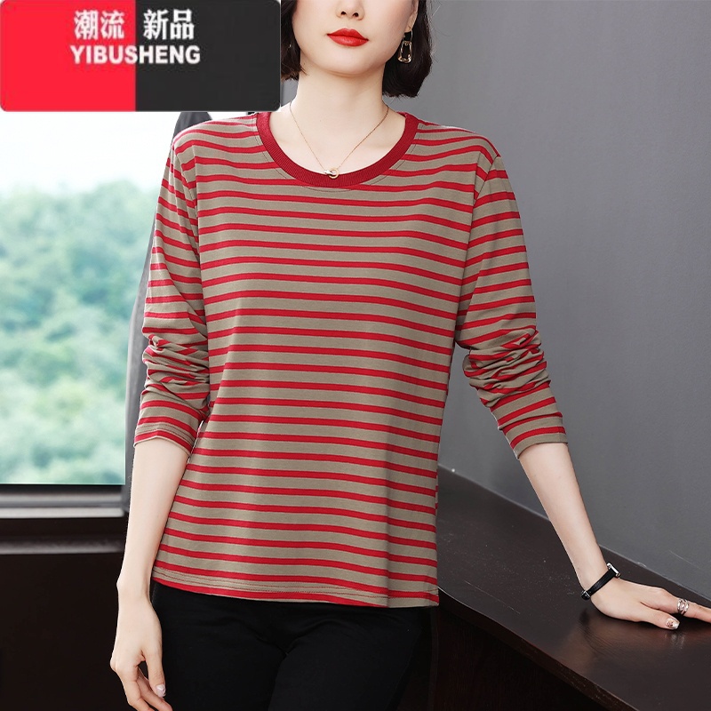 YIBUSHENG圆领长袖t恤女中老年妈妈装大码宽松2024春秋新款打底衫上衣高清大图