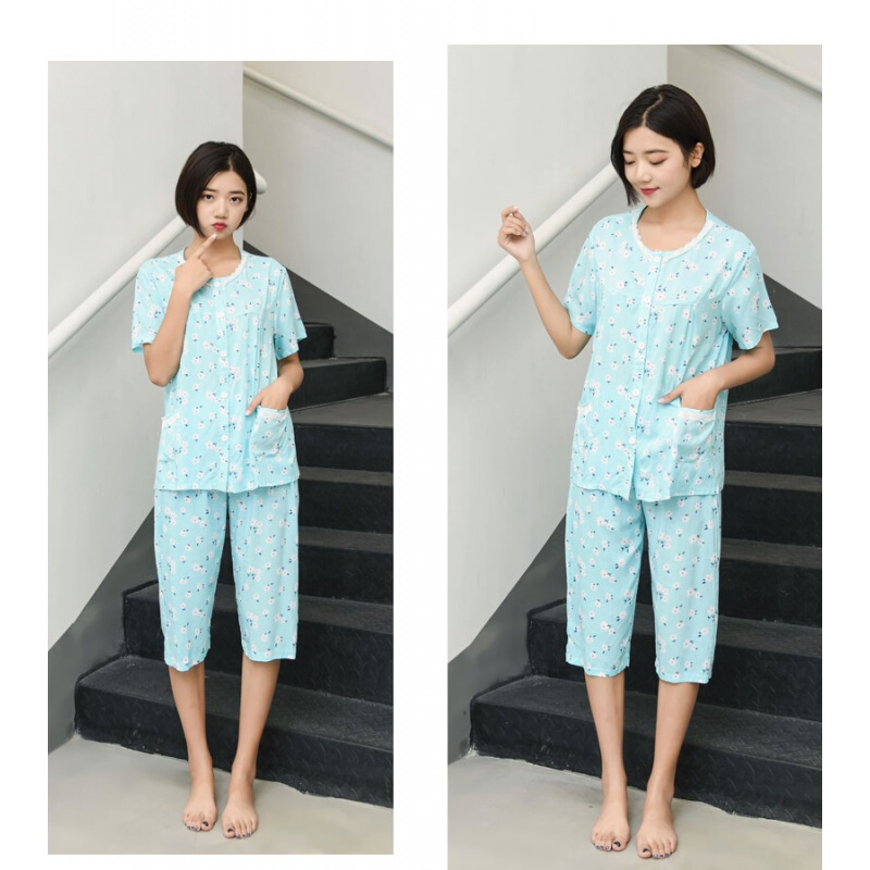 波迷娜(BOMINA)中老年棉绸睡衣女马裤套装2021新款绵绸睡衣套装女夏短袖裤套头大码韩版人造棉休闲服