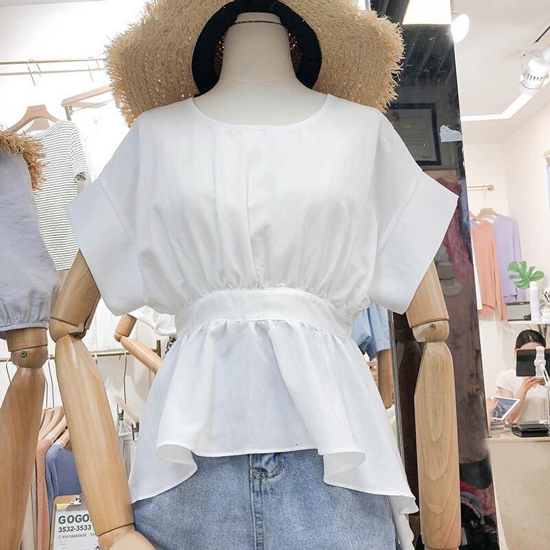2018韩国夏装后背开叉圆领短袖衬衫女士修身收腰上衣 白色 均码