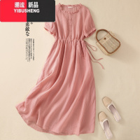 YIBUSHENG文艺棉麻短袖连衣裙女淑女气质系带收腰显瘦木耳领亚麻衬衫长Y M建议90-105斤 粉红色(少量现货)