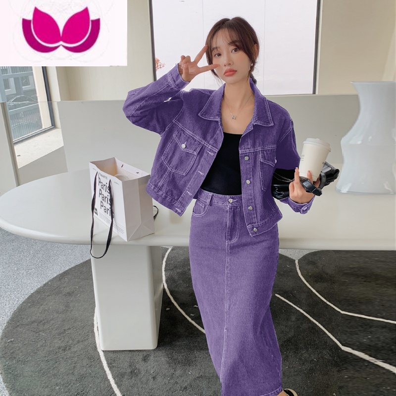 七斓复古设计感牛仔外套女2023新款休闲高级感盐系半身裙套装 S105斤内 紫色套装优质版