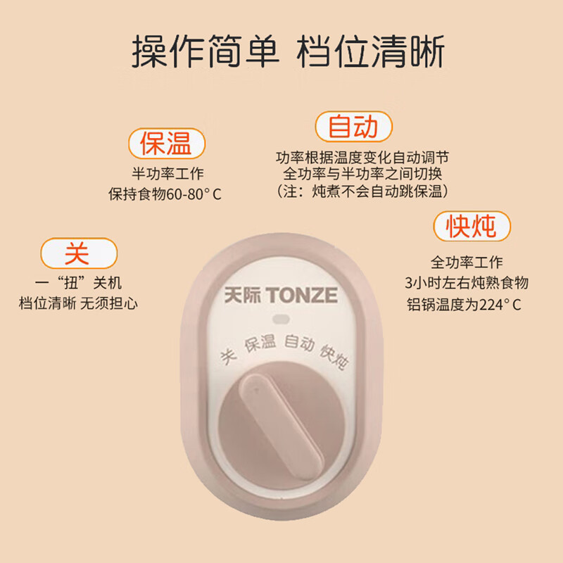 天际(TONZE) [双重防烫]2L慢炖型电炖锅 白瓷熬粥煮粥煲汤陶瓷养生文火