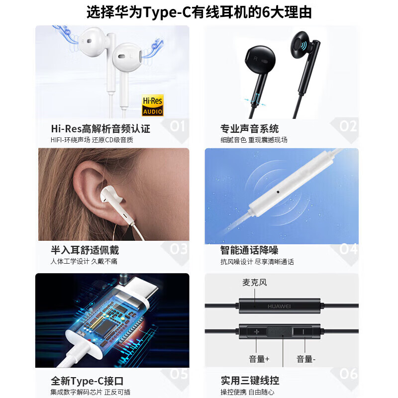华为原装Type-C耳机有线mate70pro mate60 40 pro p60p50p40p30nova15 14高清大图