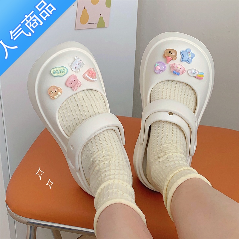 SUNTEK 可爱厚底洞洞鞋女夏季踩屎感外穿半拖鞋沙滩鞋两穿凉鞋in外高清大图