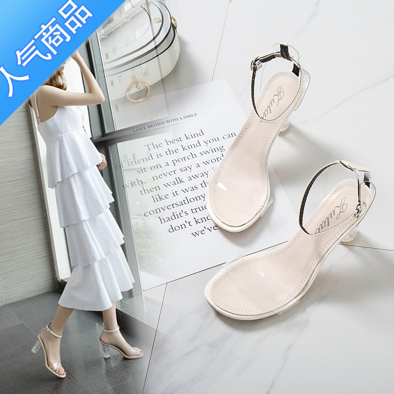 SUNTEK凉鞋女仙女风2023夏季新款百搭学生中粗跟透明一字扣带水晶高跟鞋高清大图